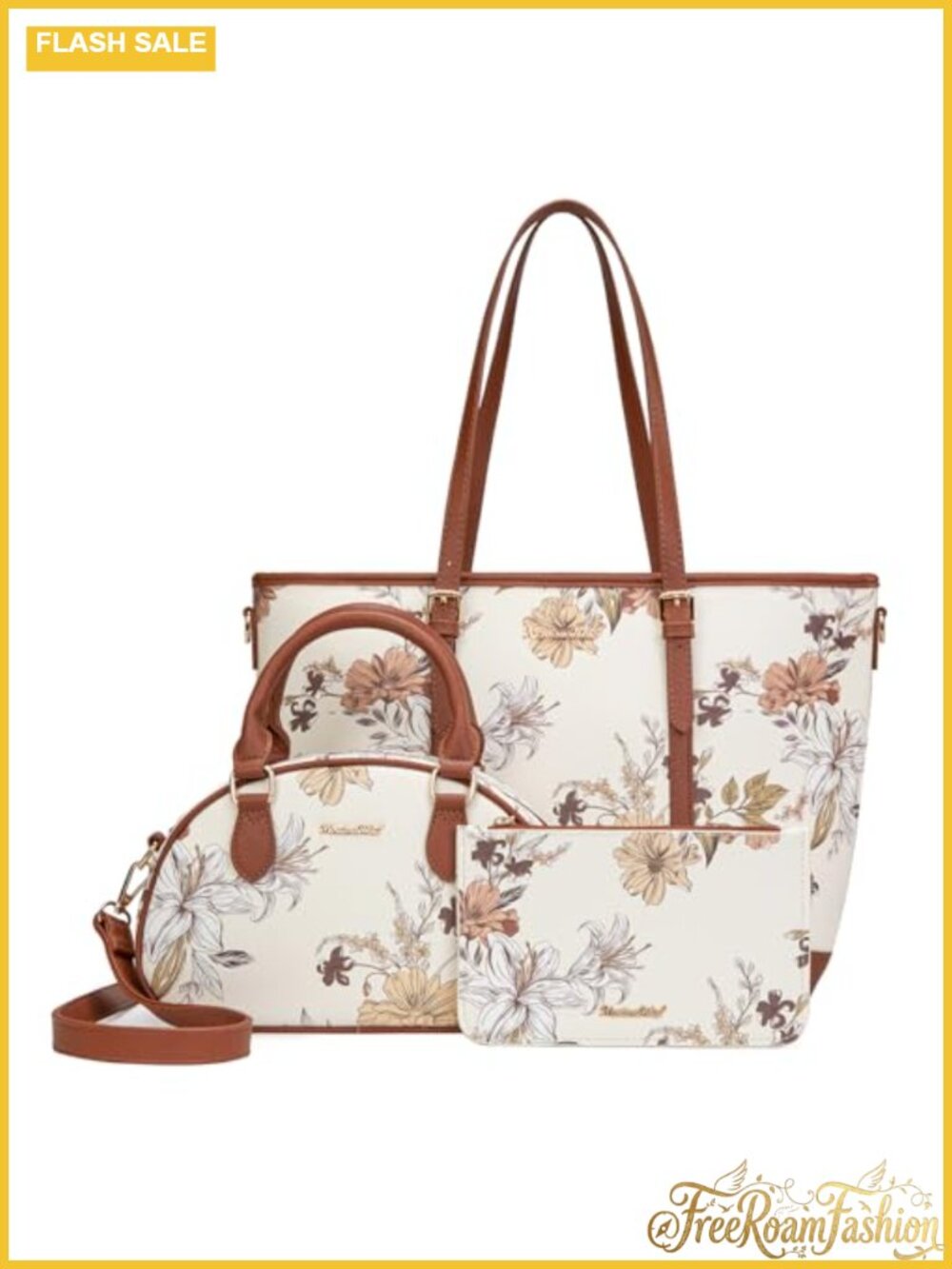 3PC Floral Faux Leather Tote Crossbody Wallet Set Fits 15.6 Laptop Work Bag